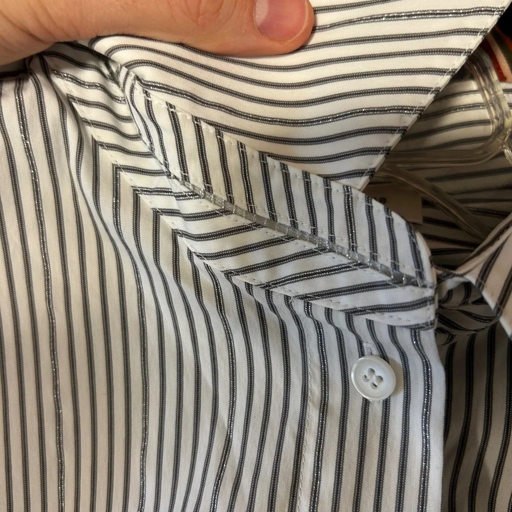 Lafayette 148 New York Striped Metallic Sparkle Cotton Blouse Shirt Large #1R63 - Picture 9 of 9